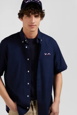 Regular navy blue cotton poplin short-sleeved shirt with microprint