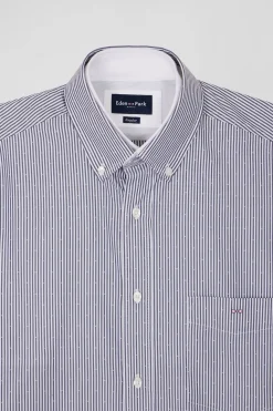 Regular navy blue cotton jacquard shirt with baton stripes
