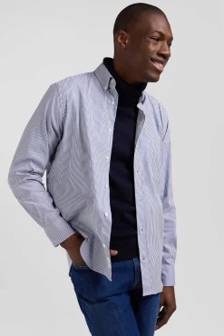 Regular navy blue cotton poplin shirt with baton stripes