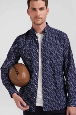 Regular navy blue cotton poplin shirt with micro bow tie print