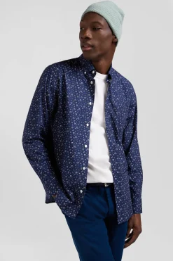 Regular navy blue cotton poplin shirt with micro floral print