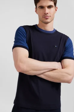Regular navy blue cotton T-shirt with short contrasting sleeves