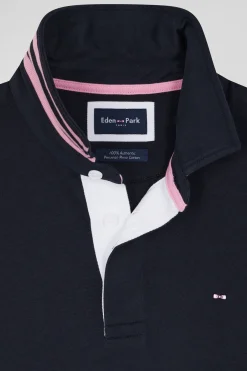 Regular navy blue cotton rugby shirt with striped undercollar
