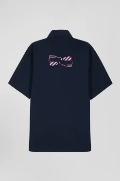 Regular navy blue cotton short-sleeved shirt with back embroidery