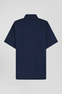 Regular navy blue cotton poplin short-sleeved shirt with microprint
