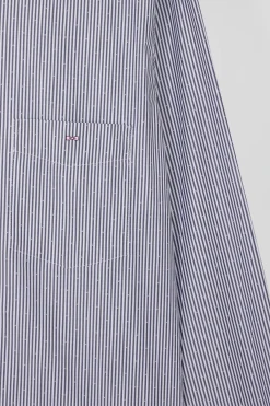 Regular navy blue cotton jacquard shirt with baton stripes