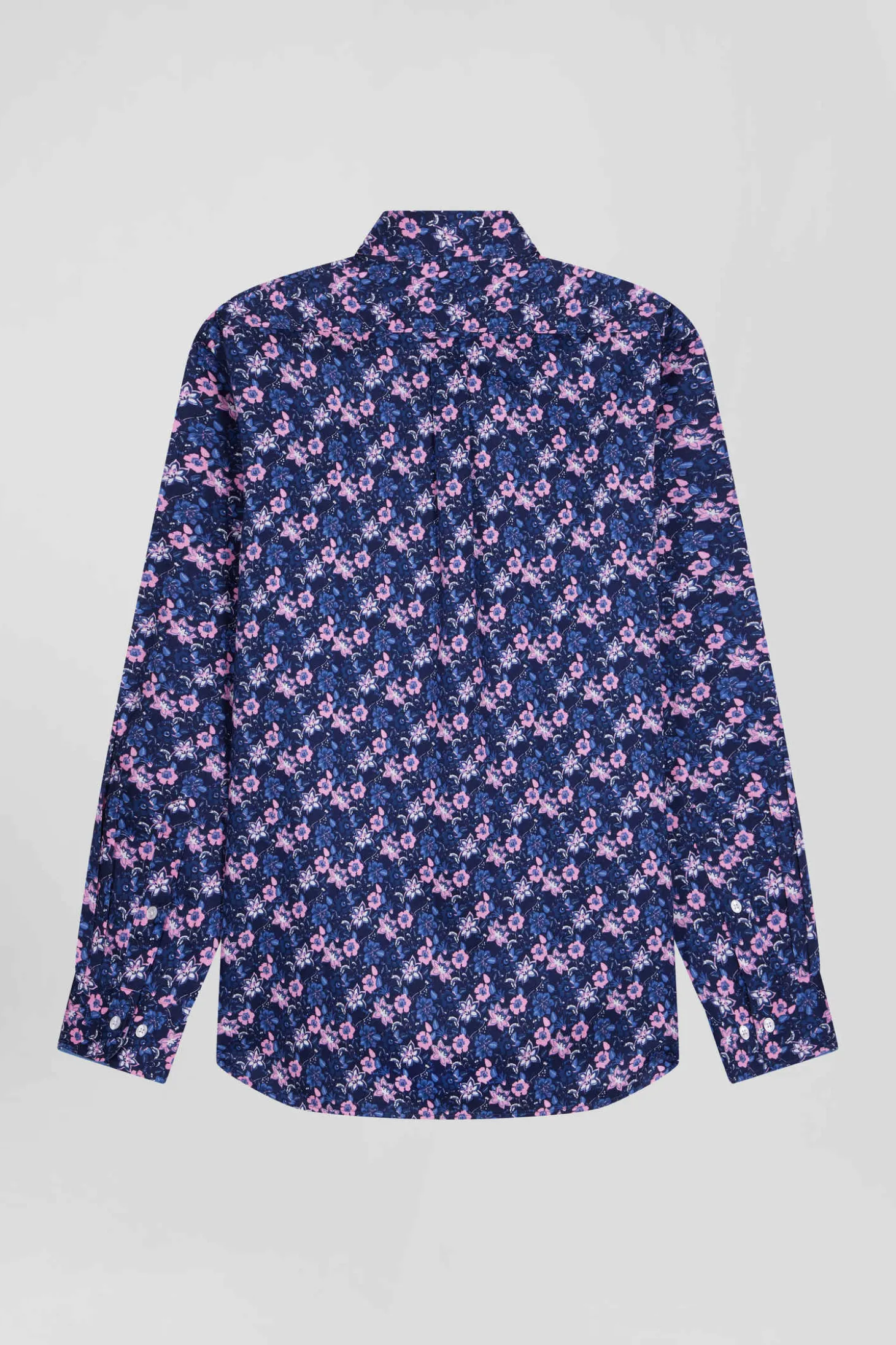 Regular navy blue cotton twill shirt with pink floral print