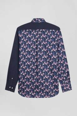 Regular navy blue cotton twill shirt with micro floral print