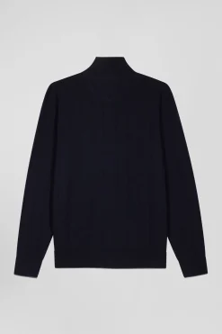 Regular navy blue cotton and cashmere zipped cardigan with vertical stripes