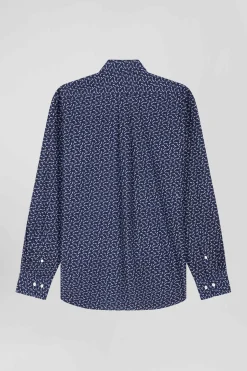 Regular navy blue cotton poplin shirt with micro bow tie print