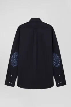 Regular navy blue cotton poplin shirt with button-down collar and printed elbow patches