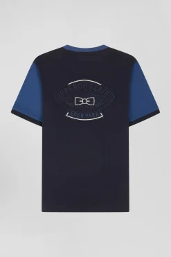 Regular navy blue cotton T-shirt with short contrasting sleeves