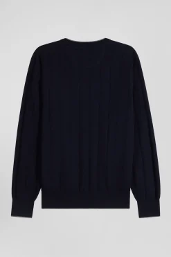 Regular navy blue cotton and cashmere crew neck jumper