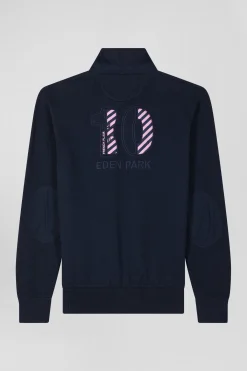 Regular navy blue cotton jumper with N°10 embroidery and rugby shirt collar