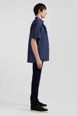 Regular navy blue cotton short-sleeved shirt with micro floral print
