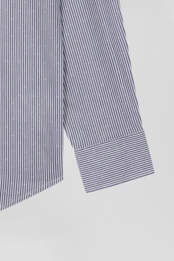 Regular navy blue cotton jacquard shirt with baton stripes