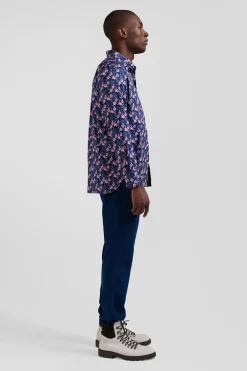 Regular navy blue cotton twill shirt with pink floral print