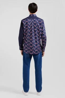 Regular navy blue cotton twill shirt with micro floral print