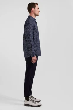 Regular navy blue cotton poplin shirt with micro bow tie print