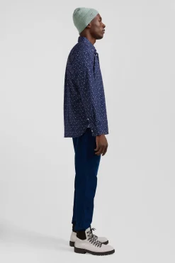 Regular navy blue cotton poplin shirt with micro floral print