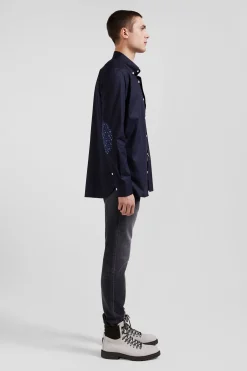 Regular navy blue cotton poplin shirt with button-down collar and printed elbow patches