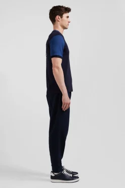 Regular navy blue cotton T-shirt with short contrasting sleeves