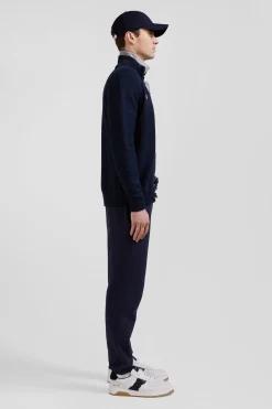 Regular navy blue cotton zipped cardigan with XV de France rubber badge and tricolour details