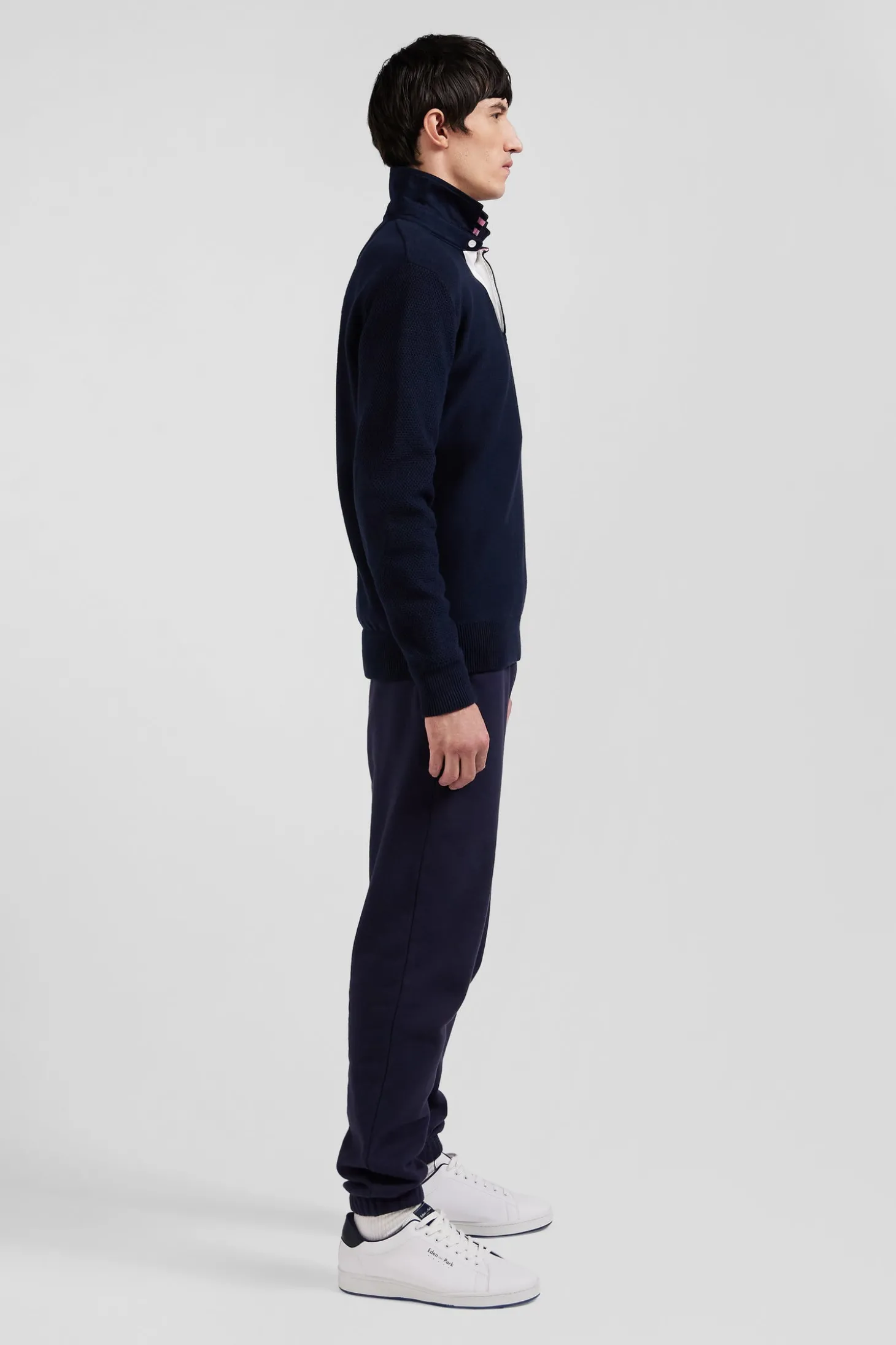 Regular navy blue cotton jumper with N°10 embroidery and rugby shirt collar