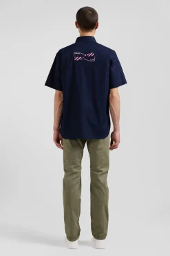 Regular navy blue cotton short-sleeved shirt with back embroidery