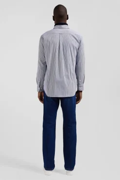 Regular navy blue cotton poplin shirt with baton stripes