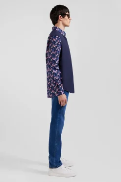 Regular navy blue cotton twill shirt with micro floral print