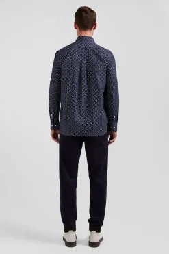 Regular navy blue cotton poplin shirt with micro bow tie print