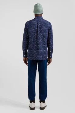 Regular navy blue cotton poplin shirt with micro floral print