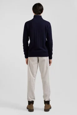 Regular navy blue cotton and cashmere zipped cardigan with vertical stripes