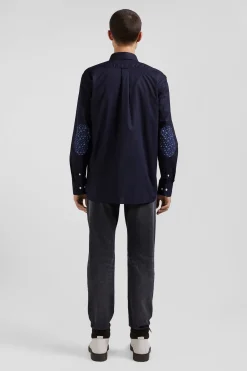 Regular navy blue cotton poplin shirt with button-down collar and printed elbow patches
