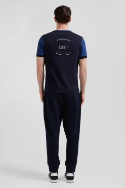 Regular navy blue cotton T-shirt with short contrasting sleeves