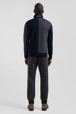 Regular navy blue cotton jumper with houndstooth jacquard and rugby shirt collar