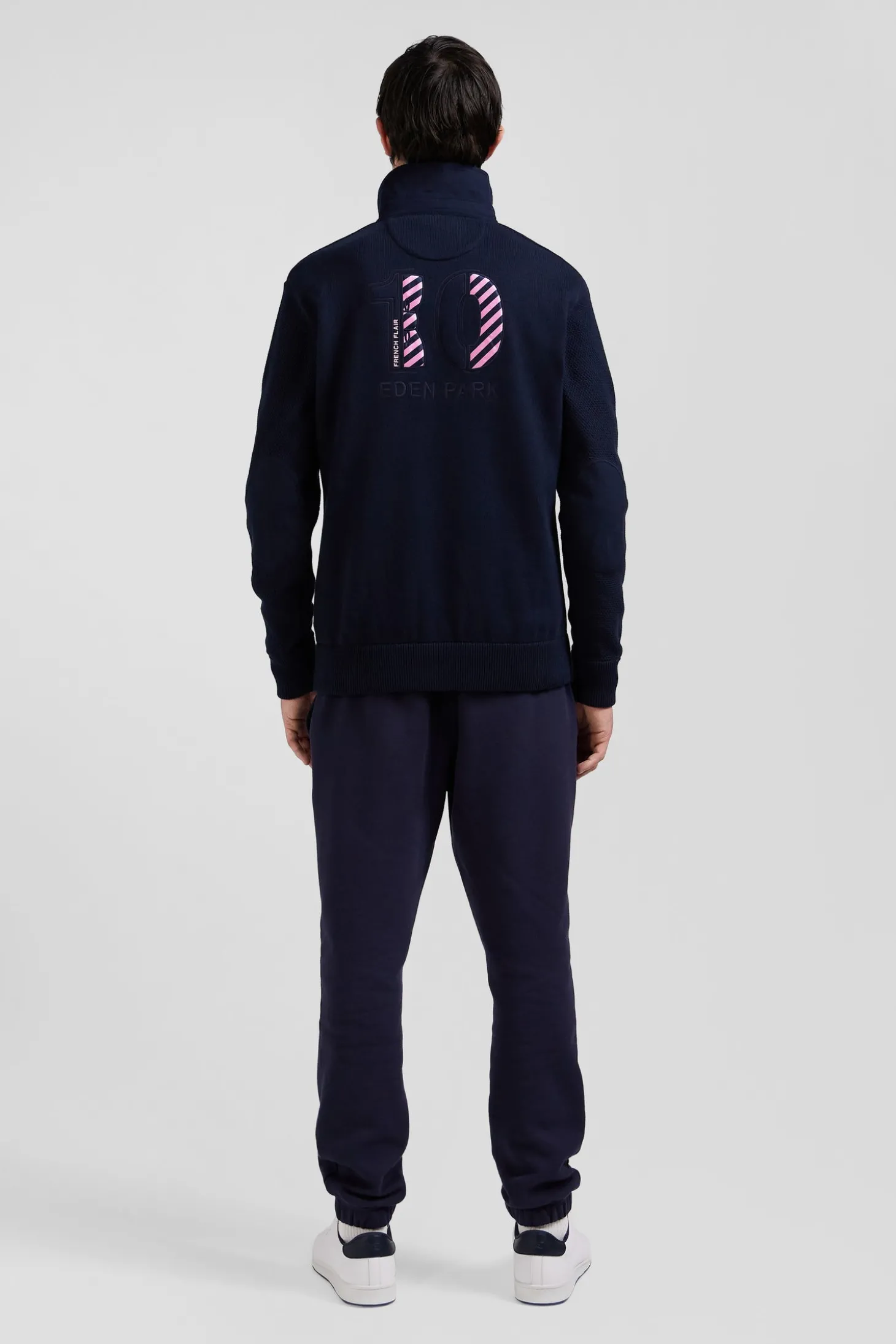 Regular navy blue cotton jumper with N°10 embroidery and rugby shirt collar