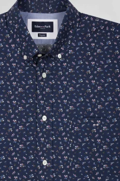 Regular navy blue cotton short-sleeved shirt with micro floral print
