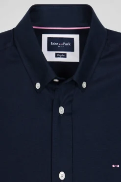 Regular navy blue cotton short-sleeved shirt with back embroidery