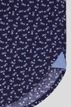 Regular navy blue cotton poplin shirt with micro bow tie print