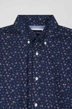 Regular navy blue cotton poplin shirt with micro floral print