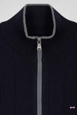 Regular navy blue cotton and cashmere zipped cardigan with vertical stripes