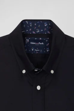 Regular navy blue cotton poplin shirt with button-down collar and printed elbow patches