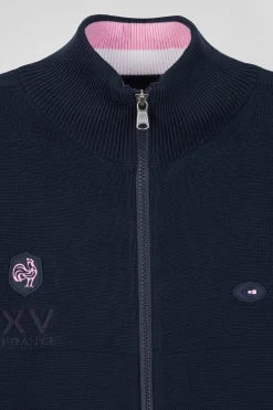 Regular navy blue cotton zipped cardigan with XV de France rubber badge and tricolour details
