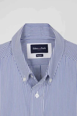Regular navy blue cotton poplin shirt with baton stripes