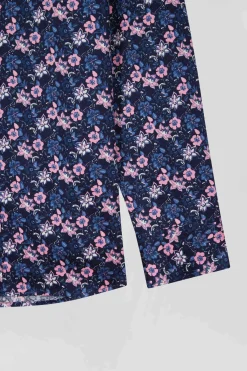 Regular navy blue cotton twill shirt with pink floral print