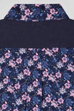 Regular navy blue cotton twill shirt with micro floral print