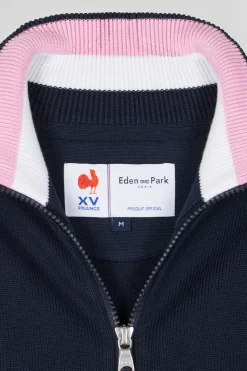 Regular navy blue cotton zipped cardigan with XV de France rubber badge and tricolour details