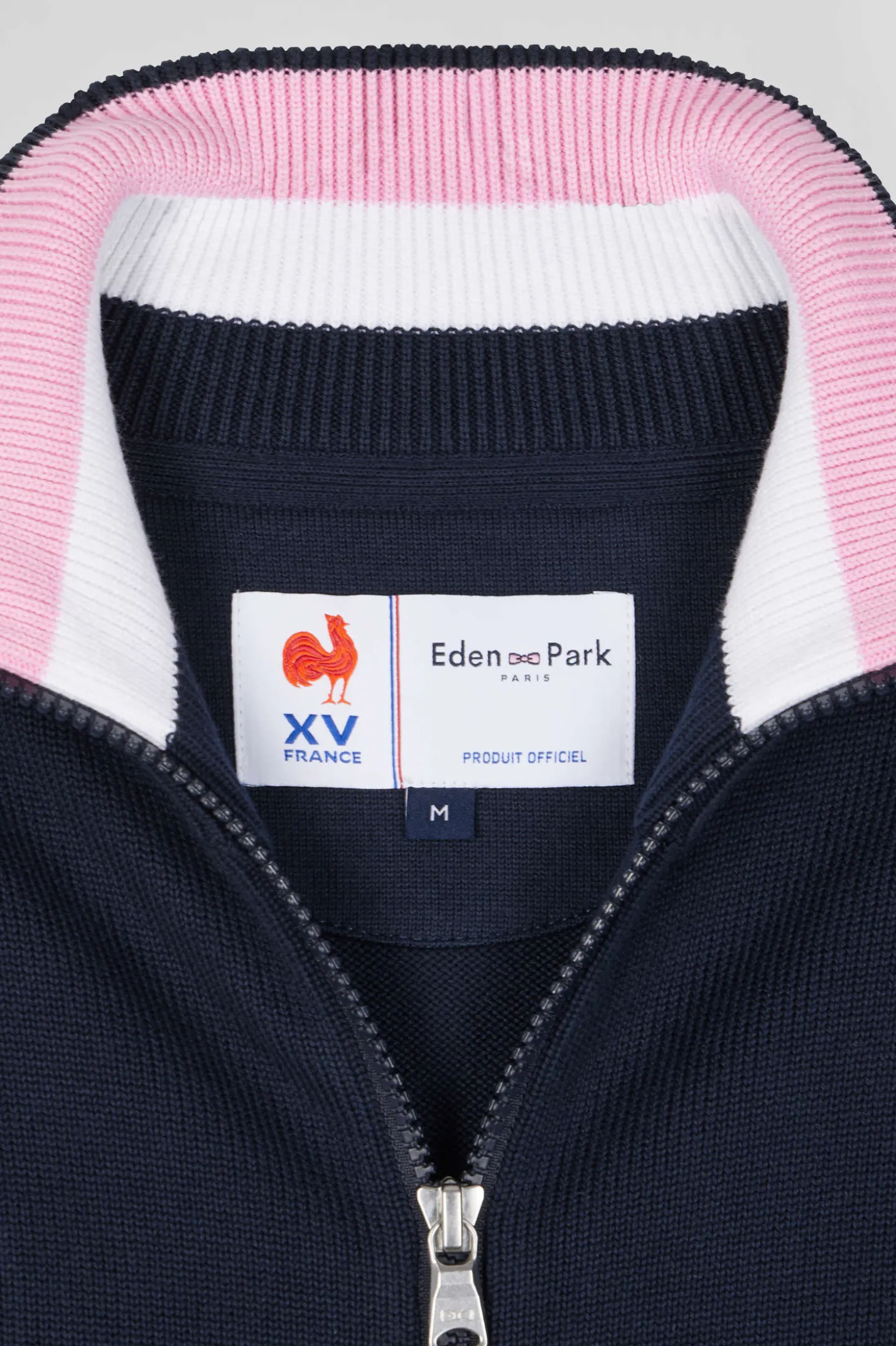 Regular navy blue cotton zipped cardigan with XV de France rubber badge and tricolour details